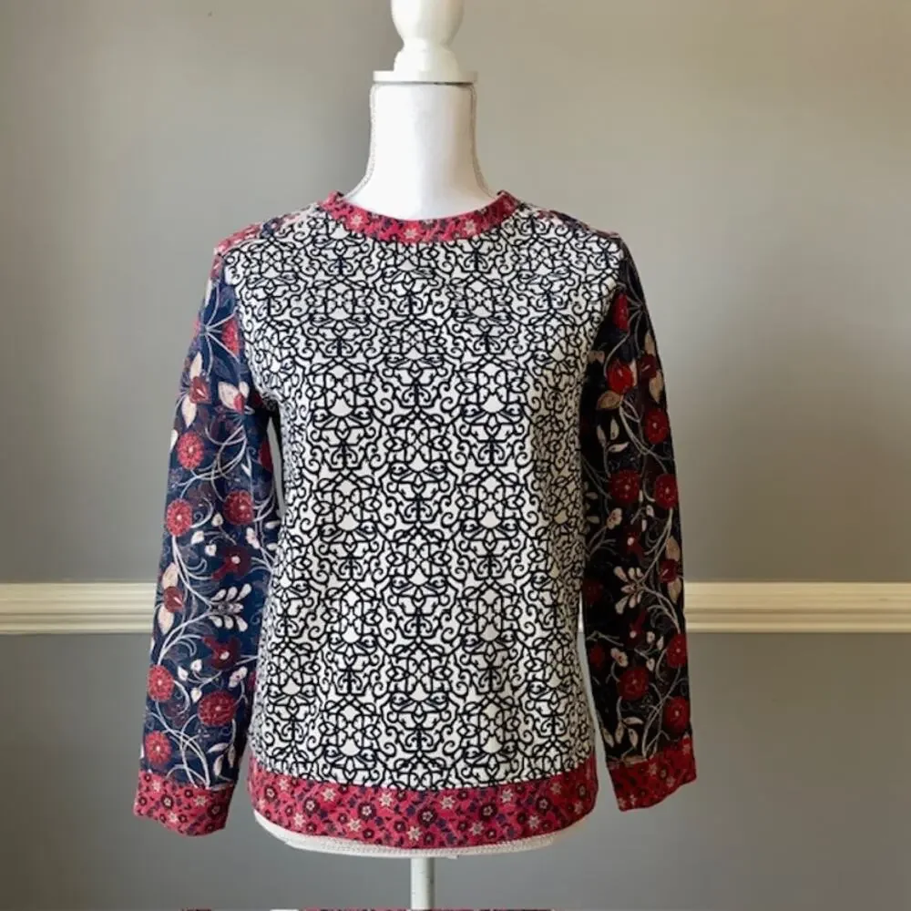 Tory Burch Mixed Print Sweatshirt Small Boho Medallion French Terry Top